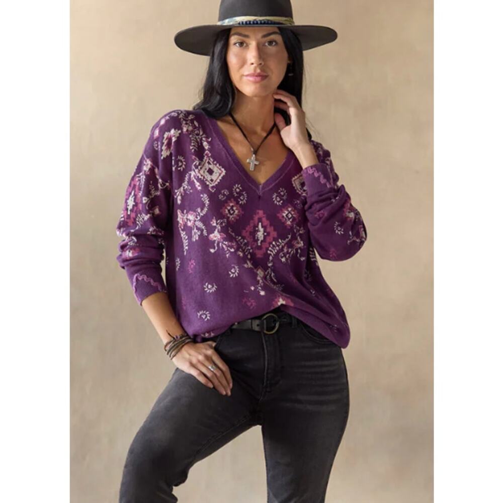NWT SUNDANCE Glissade Sweater Purple V Neck Bandana Embroidered Small Petite SP